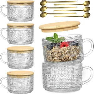 4-Piece 14oz Vintage Glass Coffee Cup & Overnight Oats Container Set