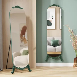 Vintage Elegant Frameless Carved Full-Length Arched Mirror with Stand