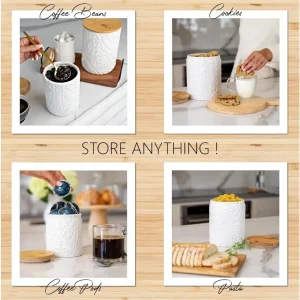 Set of 3 White Ceramic Storage Jars with Airtight Bamboo Lids